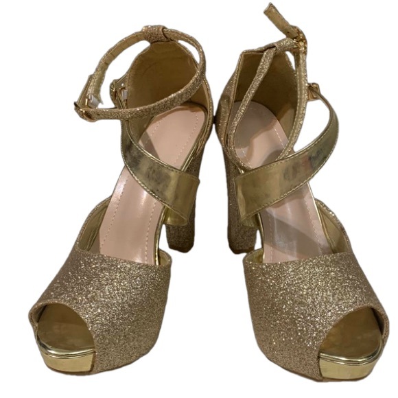 Women's Gold Sparkle Glitter Ankle Strap Strappy Peep Toe Chunky Heel - Picture 4 of 9